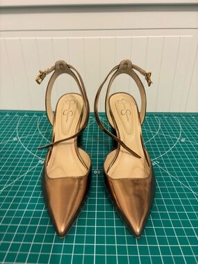 Jessica Simpson Bronze Metallic Pointed-Toe Ankle-Strap Pumps